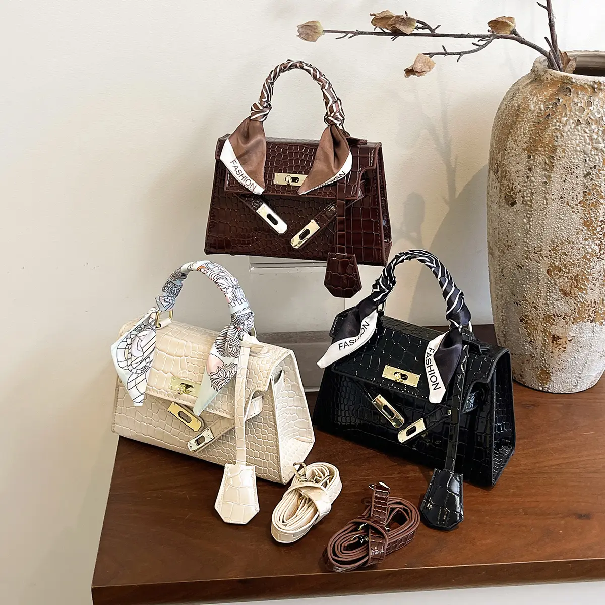 Women's Chic Aesthetic Handbag, Croc-Embossed Mini Top Handle Purse for Party with Scarf Decor & Convertible Crossbody Strap, Business Casual Handbag, Elegant Bags, Fashionable Handbag