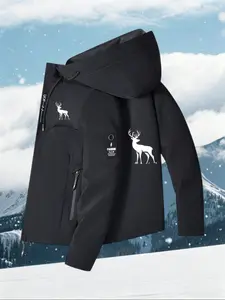 Men's Fall Winter Hooded Windproof Jacket, Casual Slim-Fitting Flying Jacket, Outdoor Hiking Coat, Deer Print, All Seasons