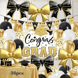 38Pcs Graduation Decorations 2026 Set - Congrats Grad Banner, Graduation Balloons, Backdrop, 6 Gaint Bow Foil Balloons Class of 2026 Decorations Party Supp