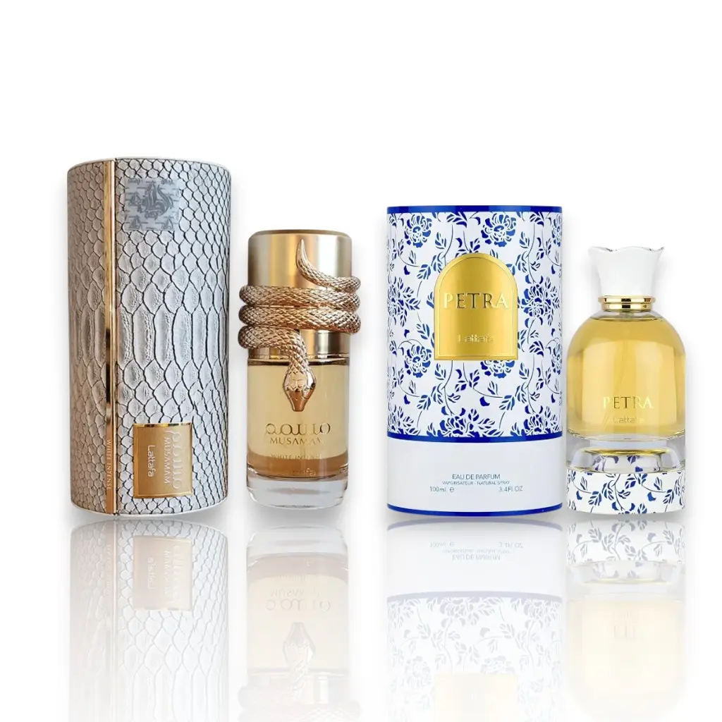 Lattafa Petra + Musamam White Eau De Parfum Multi-Pack, 100 ML-3.4 oz Alcohol-Based Female Fragrance, Citrus Woods Fragrance Blend with Woody, Citrus & Spicy Notes