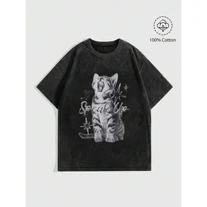 ROMWE Grunge Punk Women Vintage Washed, Acid-Washed Fabric Loose T-Shirt With Cute Cat Print, School, Unisex