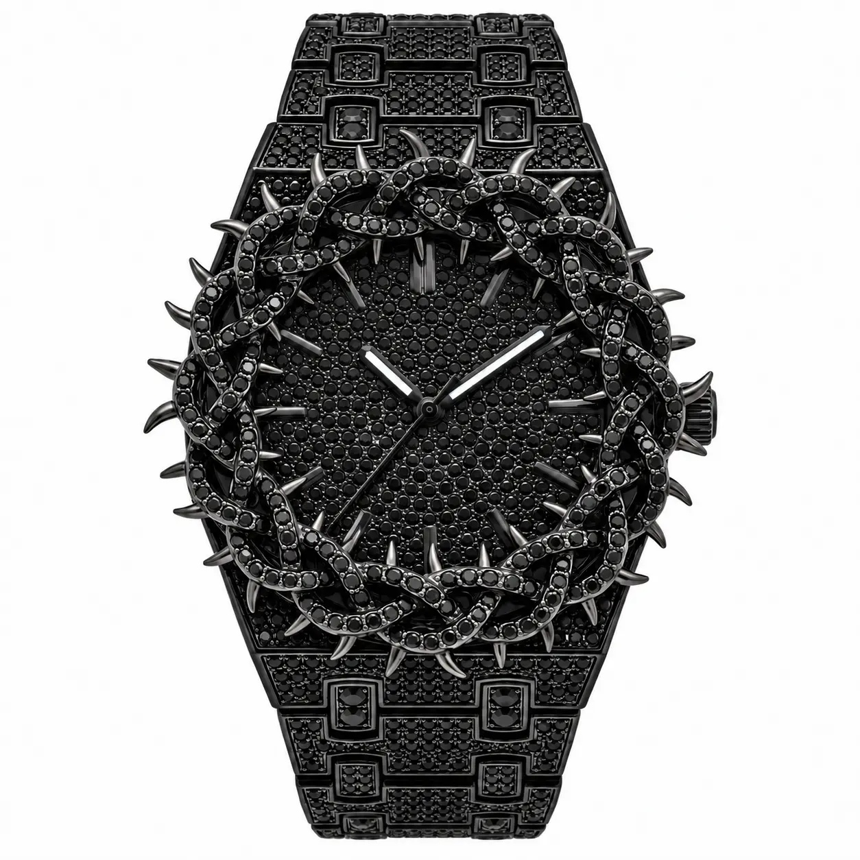 Luxury Black Watch with Bold Spike Design and Textured Band for Men(10330A)
