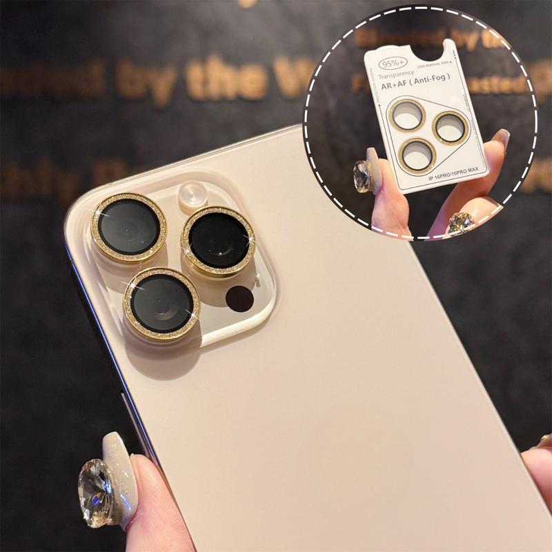 HD Tempered Glass iPhone Lens Protector - Glitter Pattern Aluminum Design, Second-Stick Adhesive, Polycarbonate Protection, Multi-Model Fit for iPhone 16 Pro/16 Pro Max, 15, 14 Smartphone Accessory