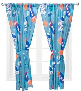 EVERYDAY KIDS Boys Curtains for Space Themed Bedroom Décor 4-Pc Outer Space Kid Curtains with 2 Panels 82" x 63" Total Size and 2 Tiebacks; Galaxy