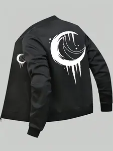 Men's Moon Print Zip Up Jacket, Regular Fit Casual Comfy Long Sleeve Outerwear for Spring & Fall, Men's Clothes for Daily Wear, Coats