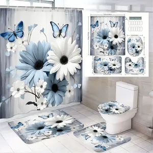 1/4pcsBlue & White Daisy Floral Bathroom Curtain Set, Shower Curtain Sets with Matching Toilet Cover & 2 Bath Mats, Nature-Inspired Spring Easter Decor for Home, 12-Piece Set with Hooks for Coordinated Bathroom Aesthetic, Bathroom Supplies