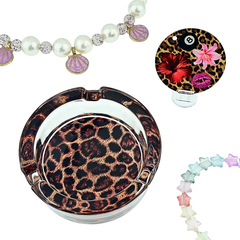 Durable Heavy Glass Leopard Print Round Lip Pillow Ashtray - Home Decor Accessory, Acrylic Leopard Print Ornament Included, Quirky Gift for Any Occasion