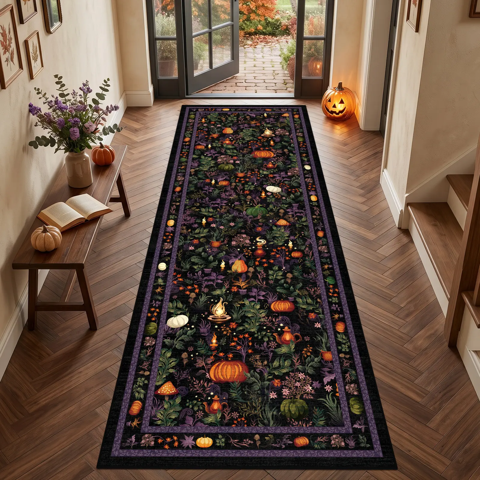 Geanup Halloween Pumpkin Rugs for Hallway Non Slip, Fall Tale Washable Kitchen Rug Runners, Low Pile Bedroom Floor Carpets for Entrance Laundry Bathroom Living Room Holiday Decor