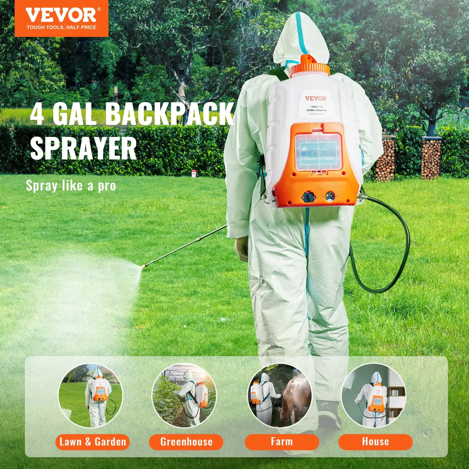 VEVOR 4 Gal/15 L Battery Powered Backpack Sprayer, 12V/8Ah, 0-90 PSI Adjustable Pressure, 4.1 L/Min Max Flow Rate, 8 Nozzles, Comfortable Shoulder Strap, Plastic Wand for Washing