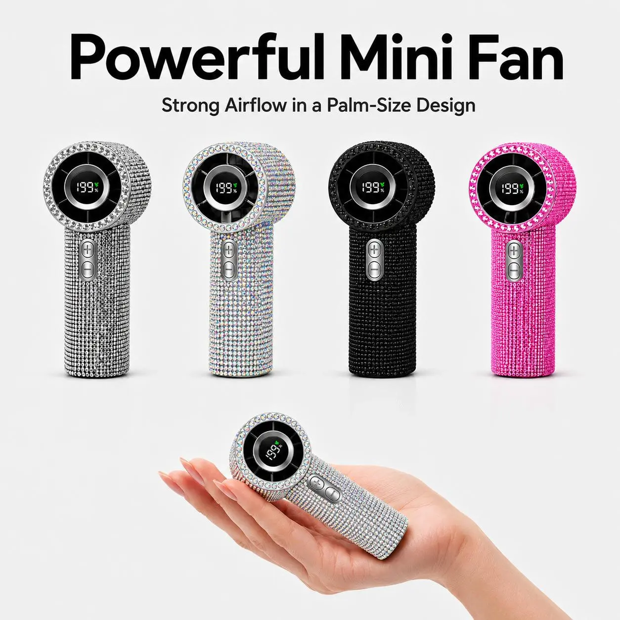 Portable Mini Fan with Digital Display, 199 Speed Levels, USB-C Rechargeable Rhinestone Handheld Fan for Travel, Makeup, Outdoors and Gifts for Women strong airflow