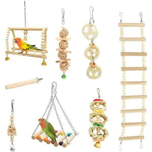 8-Pack Bird Swing Chew Toy Set with Hanging Perch Hammock Climbing Ladder Natural Wood Parrot Toys for Budgies Lovebirds Sparrows Multi Function Bird Cage Accessories Perches Supplies for Small Birds