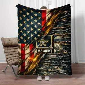 1 Piece American Army Printed Flannel Blanket - Lightweight and Soft, Featuring Patriotic American Flag and Barbed Wire Design, Suitable for Sofa, Bed, Travel, and Home Decoration, Patriotic Theme Blanket |   Military Style Lightweight  soft,  breathable