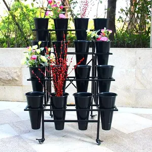 Zhongma 4-Tier Flower Display Stand with 16 Black Plastic Buckets, Heavy-Duty Garden Cart with Wheels for Fresh Flowers, Dimensions: 35.43x31.1x44.88 in