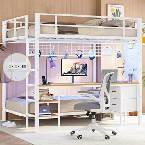 Full Size Over Twin Bunk Loft Bed Frame with Desk and Charging Station White