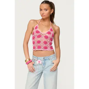 Contrast Floral Crochet Halter Top