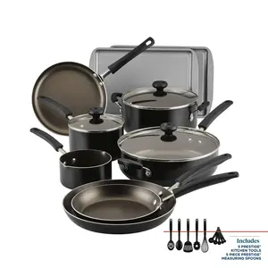 Farberware Easy Clean 22 Pcs Nonstick Cookware Set Includes Griddle Pan and Cooking Tools, Dishwasher Safe, Black/Almond
