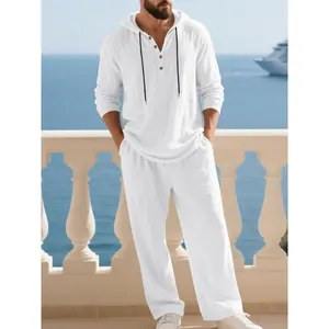 Men's Trendy Linen Hooded Two-Piece Set, Casual Vacation Style, Loose Fit Breathable Fabric, Hoodie & Wide-Leg Pants, Spring & Fall Wear