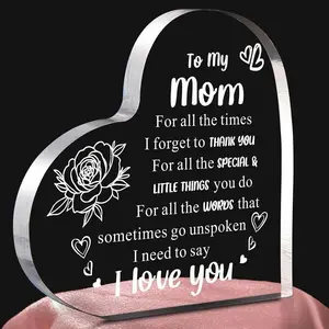 Heart Shape Transparent Glass Acrylic Flower Keepsake Sign - Laser Engraved, Summer Vibe, Meaningful Mother’s Day Gift for Mom, Elegant Home Decor Desk Decoration