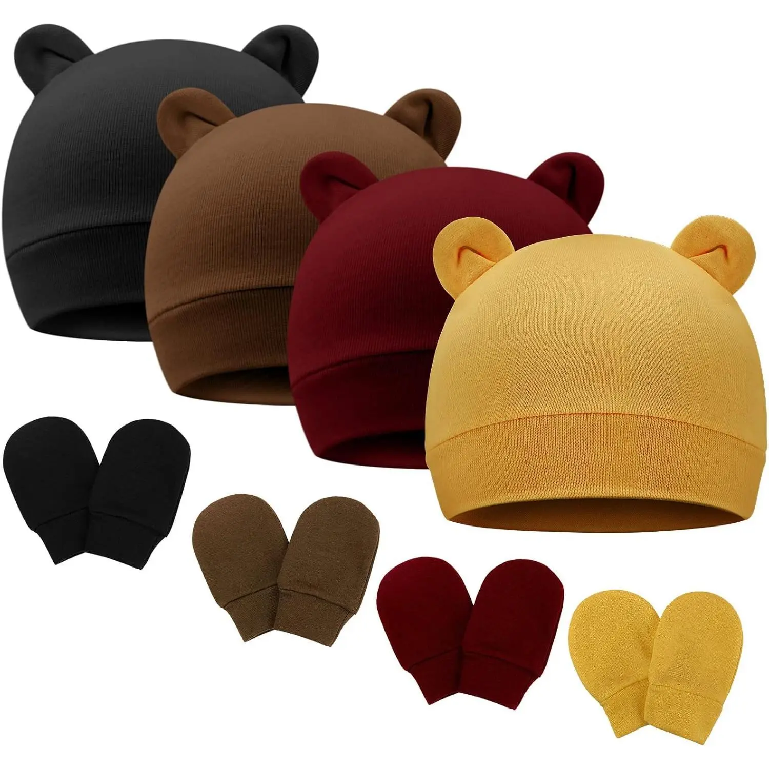 KF5-KC17   Newborn Baby Bear Ears Hats and Mittens Sets Preemie Cotton Caps Baby Boy Girl Infant Hospital Beanie