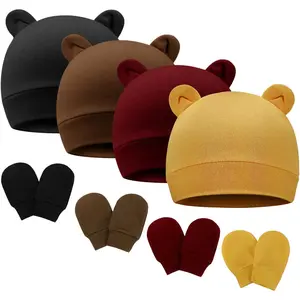KF5-KC17   Newborn Baby Bear Ears Hats and Mittens Sets Preemie Cotton Caps Baby Boy Girl Infant Hospital Beanie