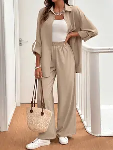 Women's Casual Loose-Fit Long Sleeve Woven Shirt Set, Summer Thin Lightweight Solid Color Top & Pants Suit, Comfortable Daily Wear