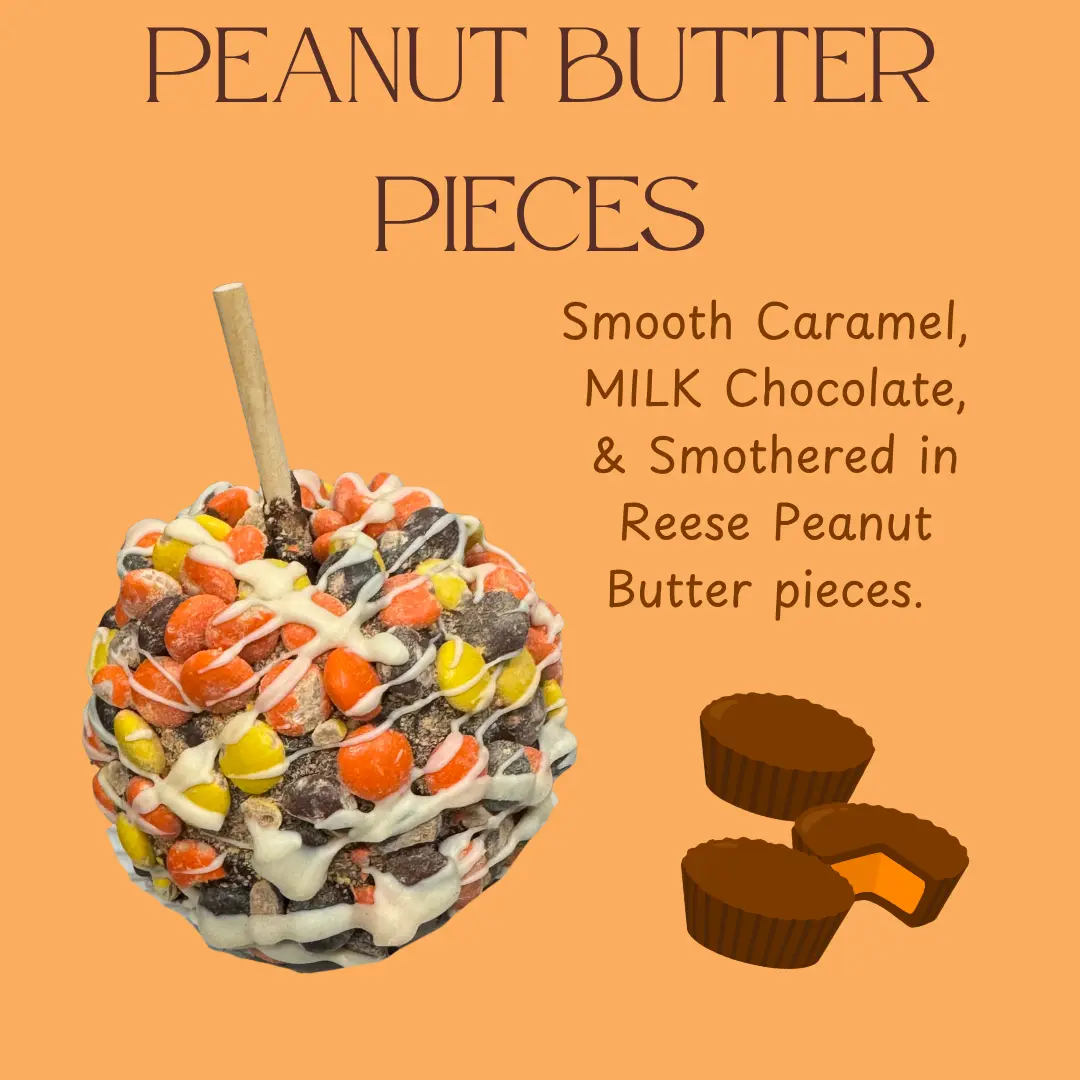 Copperpot Caramel Apple Peanut Butter Pieces Candy - Large Crisp Granny Smith Apple Coated in Signature Copper Pot Caramel with Chocolate Toppings