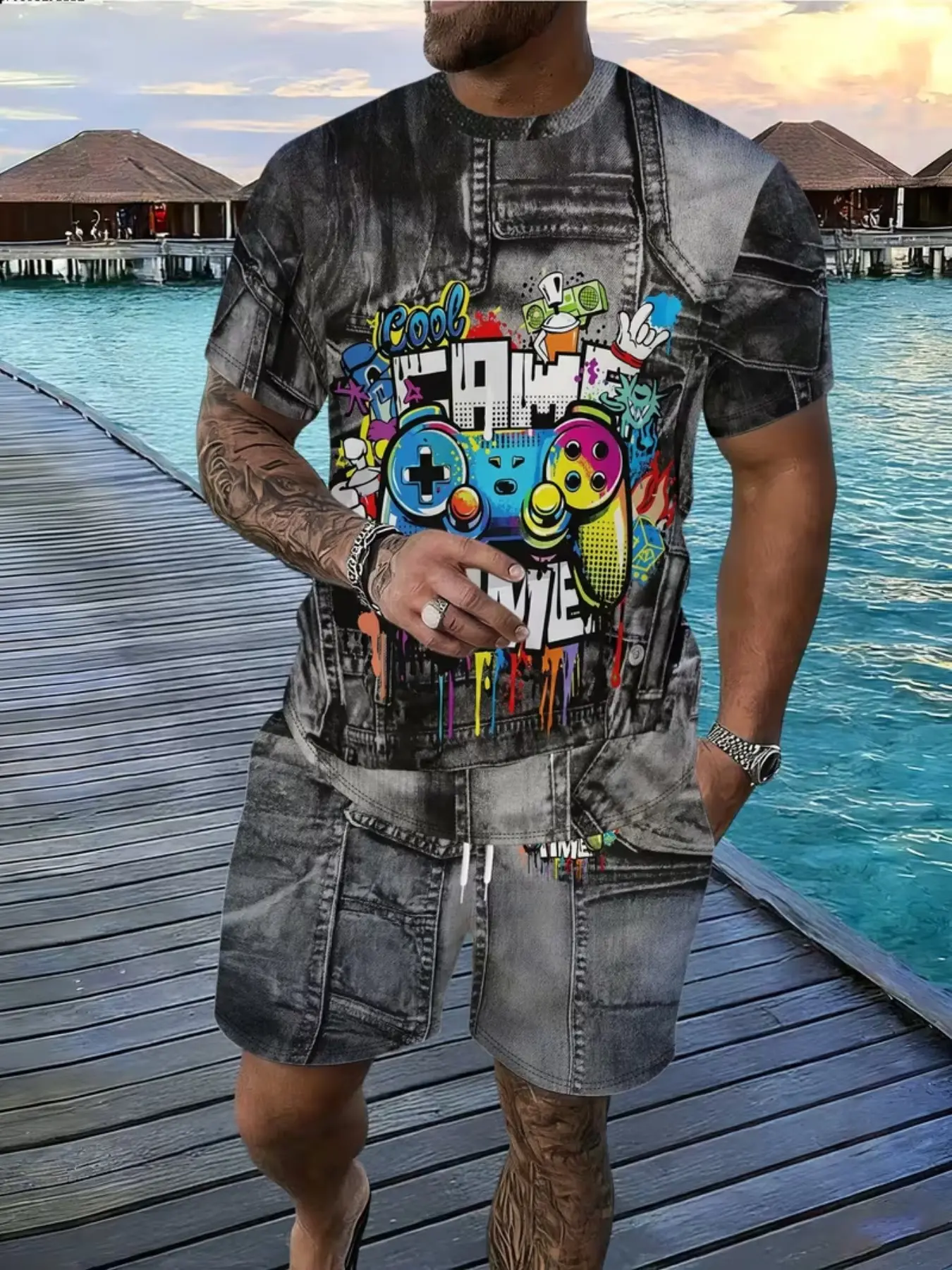 Fashion Graffiti Pattern Men's Romper, Casual Trendy Workwear Style Summer Set, Short Sleeve Romper for Men, Slim-Fitting H-Type Shorts, Clothes
