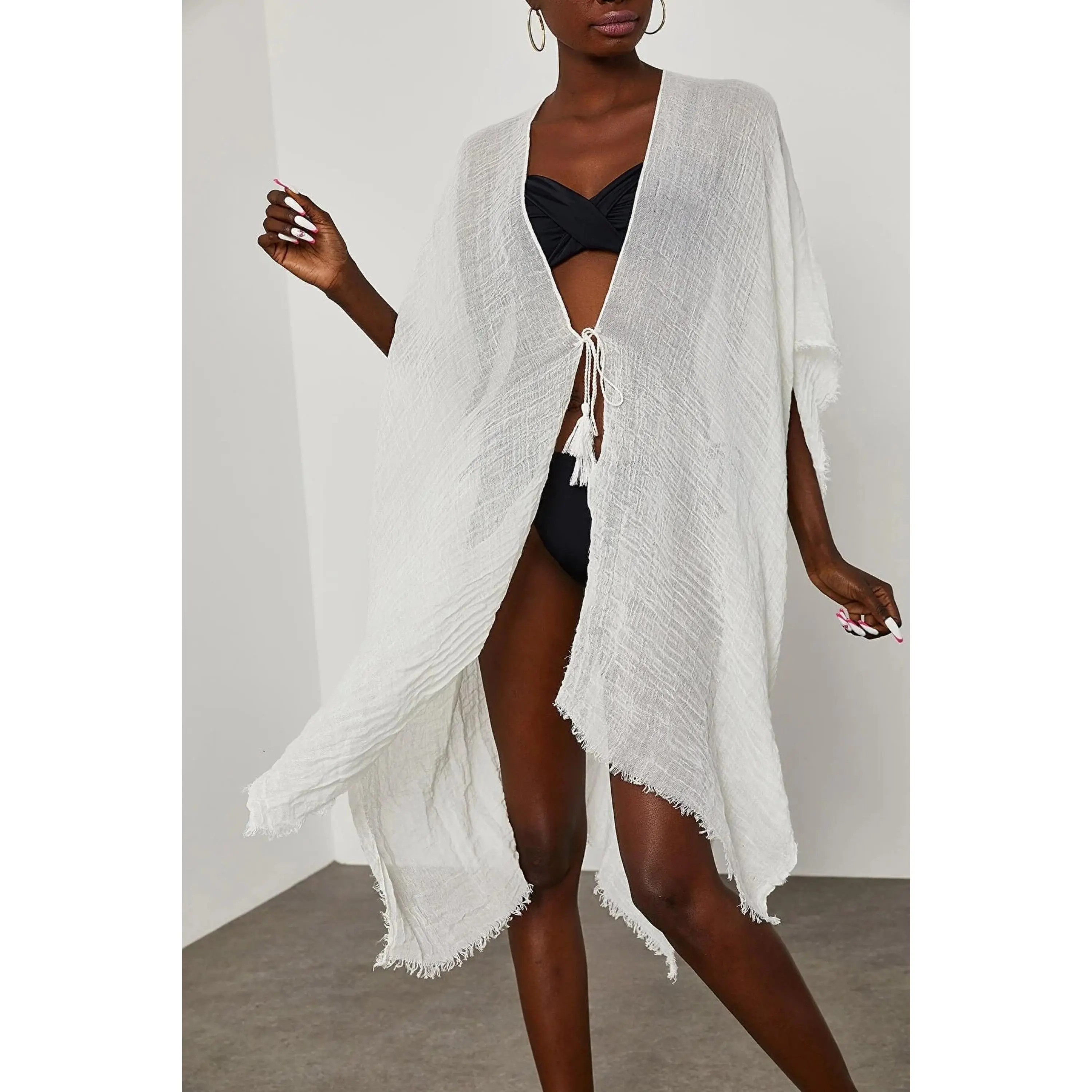 Soft Turkish Fabric White Beach Kimono Cover Up, Half Sleeve Summer Clothing for Women