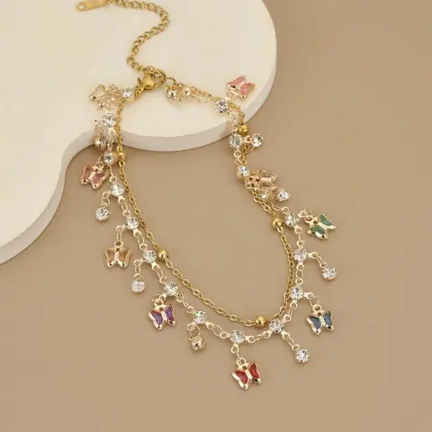 Boho Layered Butterfly Anklet for Women, Dainty Gold Tone Ankle Bracelet with Cubic Zirconia Cz Bling, Colorful Butterfly Foot Jewelry for Summer Beach Wedding, Elegant Fashionable Jewelry Accessories Gifts, Elegant Accessory
