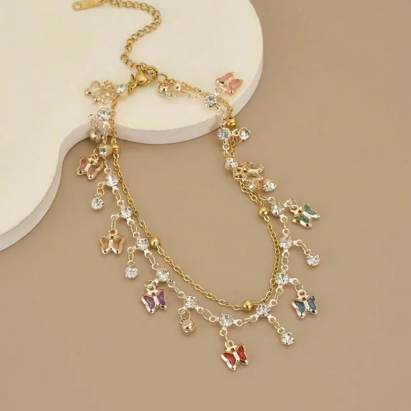 Boho Layered Butterfly Anklet for Women, Dainty Gold Tone Ankle Bracelet with Cubic Zirconia Cz Bling, Colorful Butterfly Foot Jewelry for Summer Beach Wedding, Elegant Fashionable Jewelry Accessories Gifts, Elegant Accessory
