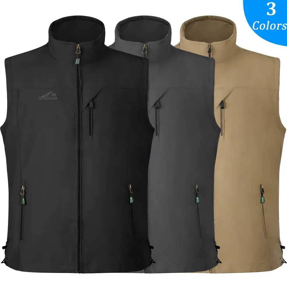 Men Windproof Full Zip Jacket Vest Soft Shell Sleeveless Pocket Sport Utility Casual Outdoor Shirt Tops Fabric Menswear Elastic Outerwear Stretch Breathable Hem Khaki Layer Pocket Suits Winter Outfits