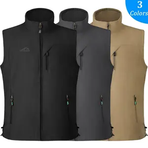 Men Windproof Full Zip Jacket Vest Soft Shell Sleeveless Pocket Sport Utility Casual Outdoor Shirt Tops Fabric Menswear Elastic Outerwear Stretch Breathable Hem Khaki Layer Pocket Suits Winter Outfits