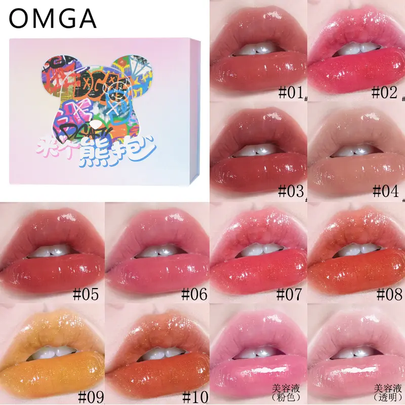 12Pcs holiday limited bear Glowy Lip Gloss & lip milk set, Makeup and lip care in one, hydrating and non-drying, cup-proof finish, Hydrating Glassy Lip, Cute trendy design with Christmas vibe, free bear necklace and deluxe gift box included