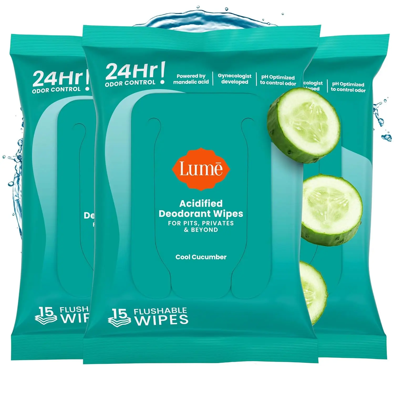 Acidified Deodorant Wipes - 15 ct, 3 pk (Cool Cucumber) | 24-Hour Odor Control, Aluminum & Baking Soda Free, Flushable Whole-Body Deodorant Wipes for Women