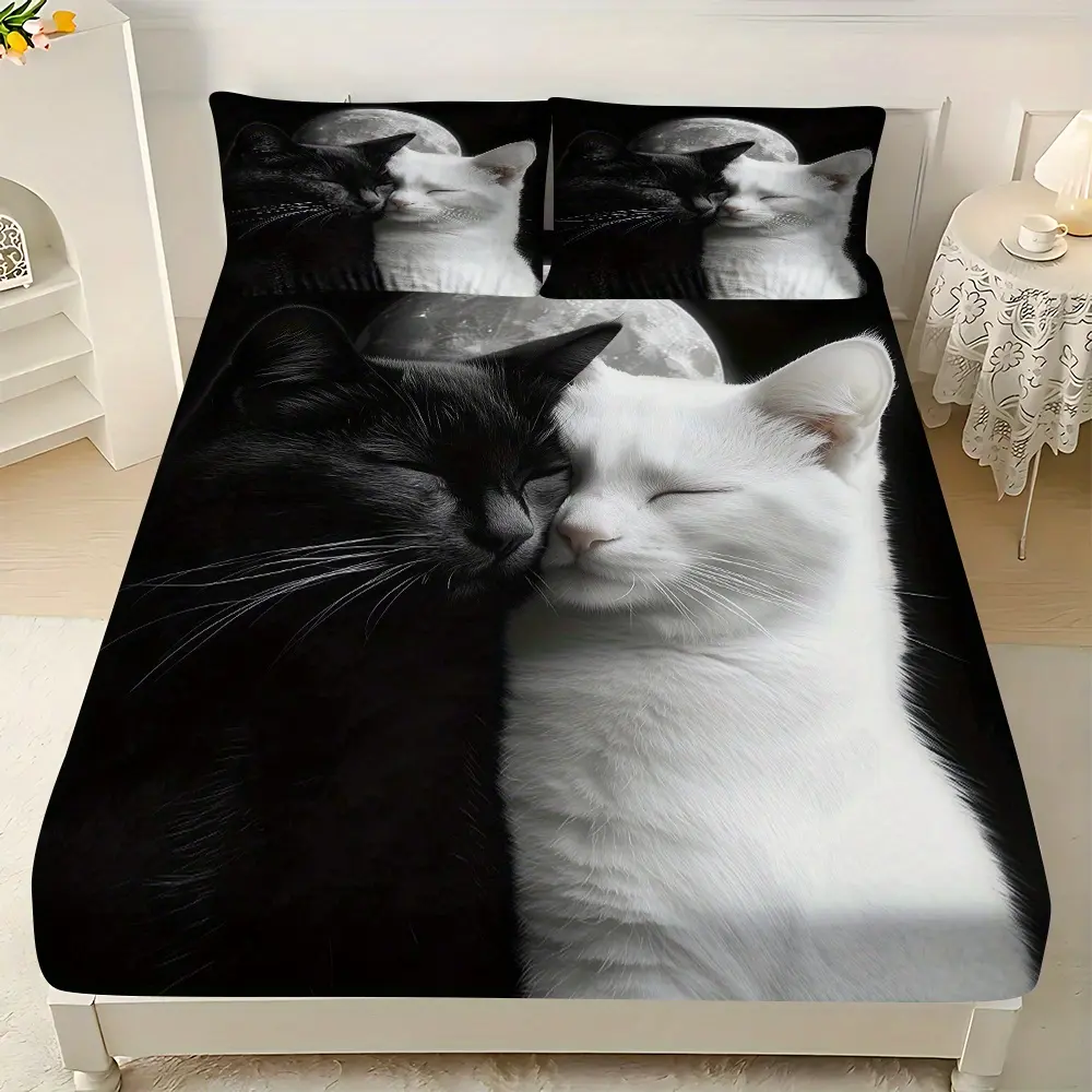 3PC Black Cat and White Cat Soft Breathable Bed Sheet Set, Moon Bed Skirt Three-Piece Set (1* Bed Skirt + 2* Pillowcases, No Core), Suitable for Bedroom, Guest Room, Apartment, School, Four Seasons Bedding, Breathable, Machine Washable, Comfortable, Multi