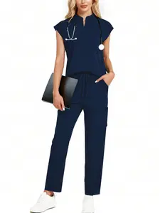 Cimmuovere Women's Solid Notched Neck Batwing Sleeve Top & Drawstring Waist Pants Two-Piece Scrub Set, Casual Cap Sleeve Top & Pocket Trousers for Summer, Women's Uniforms for Work, Medical Scrub Sets, Hospital Working Scrubs