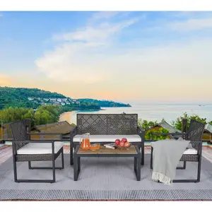 4-Piece Patio Furniture Set Outdoor Balcony Porch Garden Backyard Lawn Furniture Acacia Wood Table Top, Morden Brown and Beige Cushion    RR