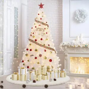 Gaomon 7.5 ft Tall PVC Pre-Lit White Artificial Christmas Pine Tree - Metal Foldable Base, Warm White Dual LEDs, Easy Assembly, Indoor Decor for Home Office
