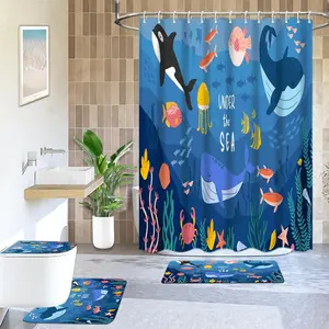 Cartoon Shark Pattern Bathroom Decor Set, 4 Counts/set Including Shower Curtain & Toilet U-shape Mat & Bath Mat & Toilet Lid Cover, Bathroom Accessories