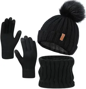 4pcs/set Autumn/Winter Warm Knit Hat Gloves Scarf Set 1pcs Wool Lined Hat and 2pcs Stretch Split Finger Touch Screen Gloves and 1pcs Solid Color Scarf Set，Hand Washable,Cold Weather Headwear for Women