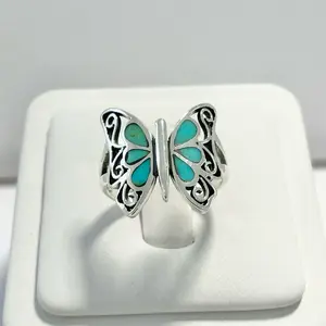 Sterling Silver 925 Blue Turquoise Butterfly Ring Band Thickness Unique