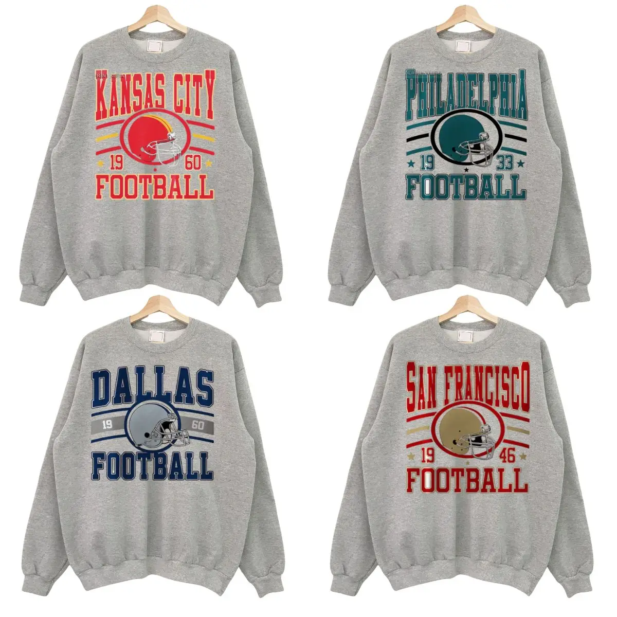 Vintage Style Crewneck Sweatshirt For All Football Teams Classic Cotton Fitted Long Sleeve Unisex Tops American Football Letter Printed Round Neck Med