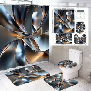 1/4pcs Easter Bathroom Decor Set - Large Shower Curtain Sets with Silver Blue Gold Swirling Abstract Metallic Pattern, Matching Toilet Lid Cover & 2 Bath Mats, Modern Luxurious Glossy Reflective Design for Spring Festive Home Refresh