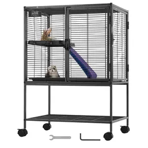 34-Inch Metal Small Animal Cage, 2-Tier Rolling Ferret Cage With Tray And Ramp, Durable Powder-Coated Wire Enclosure For Rabbits, Ferrets, Hamsters, Mice, And Other Small Pets, Easy Mobility On Locking Castors