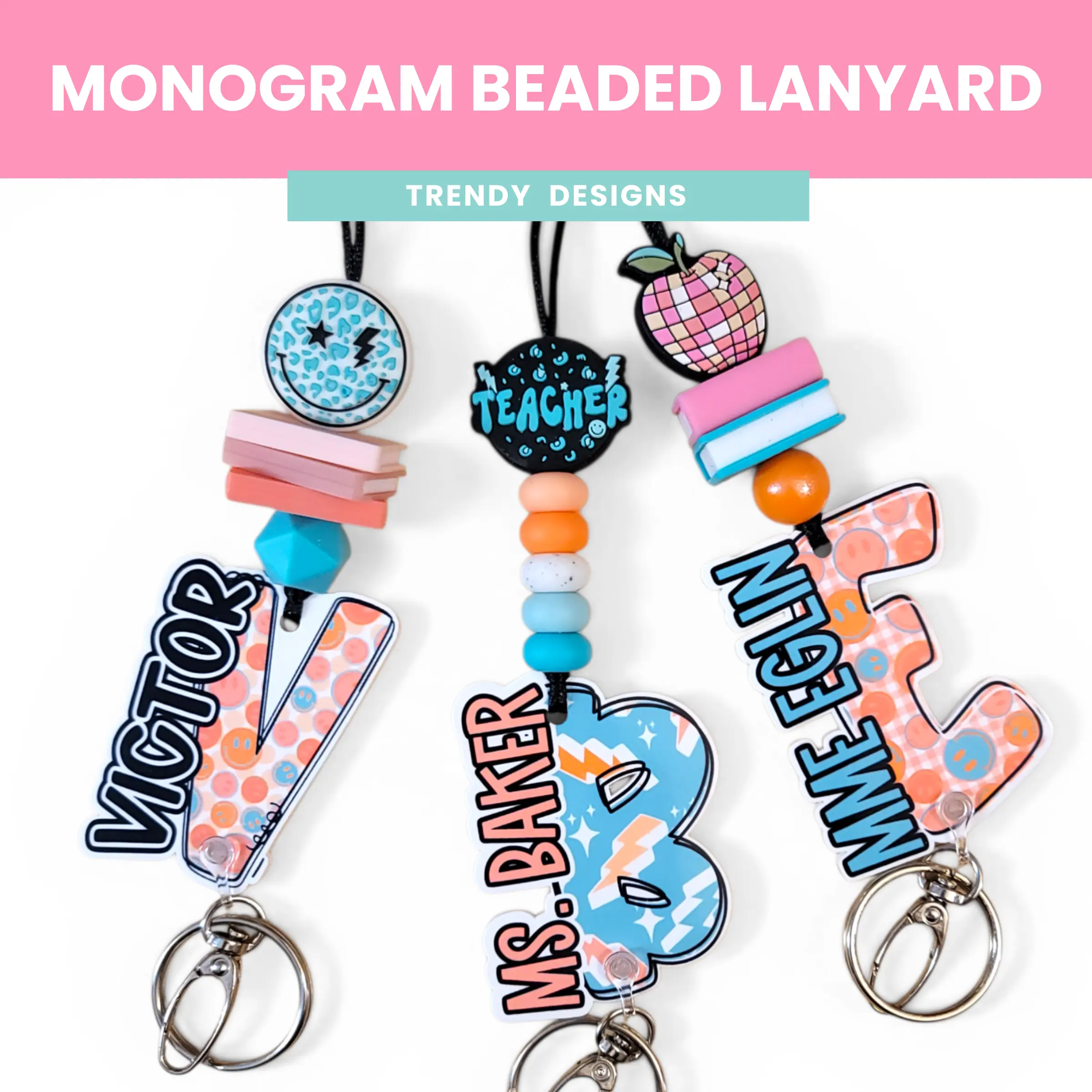 Mommie Peas Creations Personalized Beaded Teacher Lanyard - Custom Name or Monogram ID Badge Holder, 2.5 in Acrylic Plate, 3mm Durable Cord, Bold Visible Letters, Safety Clasp, Lightning Strikes Design, Name Display Teacher Appreciation Gift