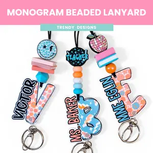 Mommie Peas Creations Personalized Teacher Lanyard Custom Name Monogram Beaded ID Badge Holder 2.5" Acrylic Nameplate Teacher Appreciation Gift Durable 3mm Acrylic Bold Visible Safety Clasp