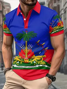 Men's Polo Shirt with Haiti Emblem and Palm Tree Flag, Soft Long Sleeve, Casual Wear, Spring Fall Outdoor, Street Style