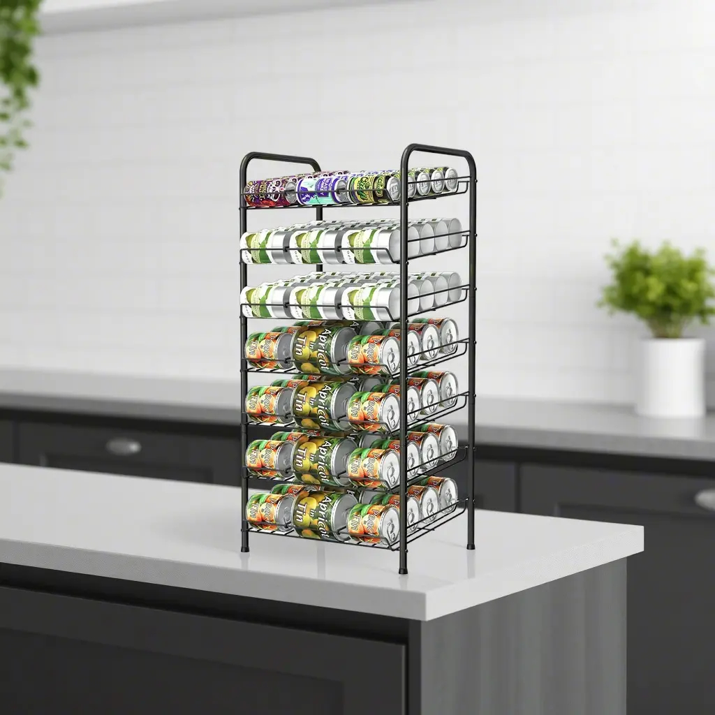 7-Layers Heavy-Duty Rubber-Metal Rectangle Can Rack Organizer, 84-Can Capacity Smart Storage Shelf with 15° Tilt Design - Adjustable Countertop Holder for Kitchen Pantry Cabinets