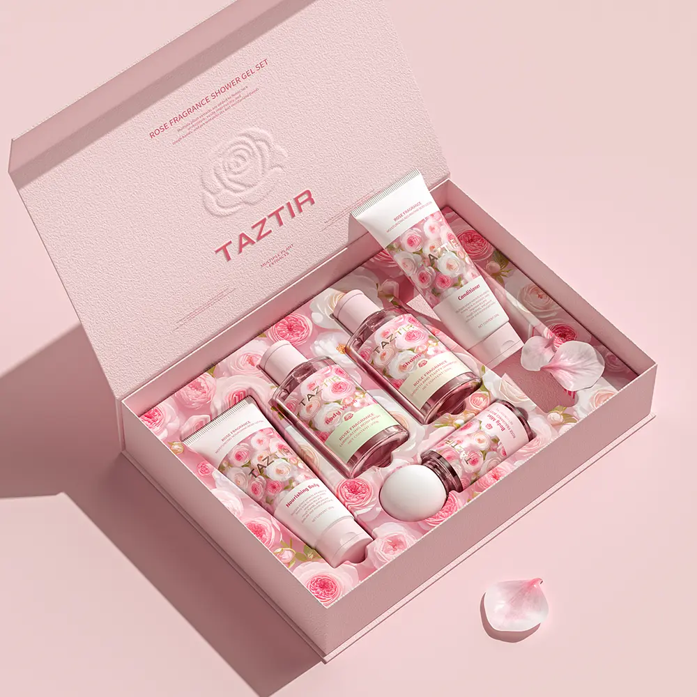 TAZTIR Rose Fragrance 5-in-1 Travel Size Bath & Body Care Set - Shampoo, Conditioner, Body Wash, Body Lotion & Body Mist, Moisturizing & Refreshing Full Body Care Kit, Perfect for Travel, Gifts & Daily Use, All Skin Types Friendly
