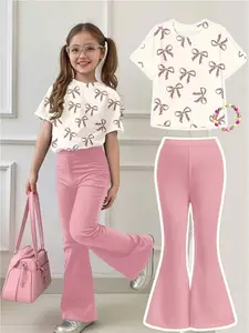 Spring Summer Two-Piece Set Bowknot Printed Round Neck Short Sleeve T-Shirt and Bell Pants, Casual Fitted Outfit for Women Clothes